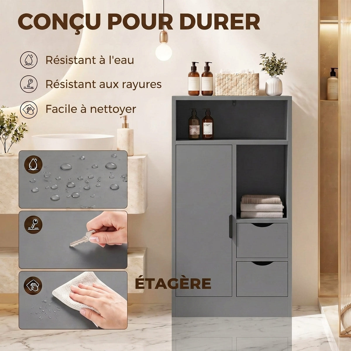 Meuble de salle de bain, meuble de rangement étroit avec 2 tiroirs, compartiments ouverts, 50x25x100cm, gris-6