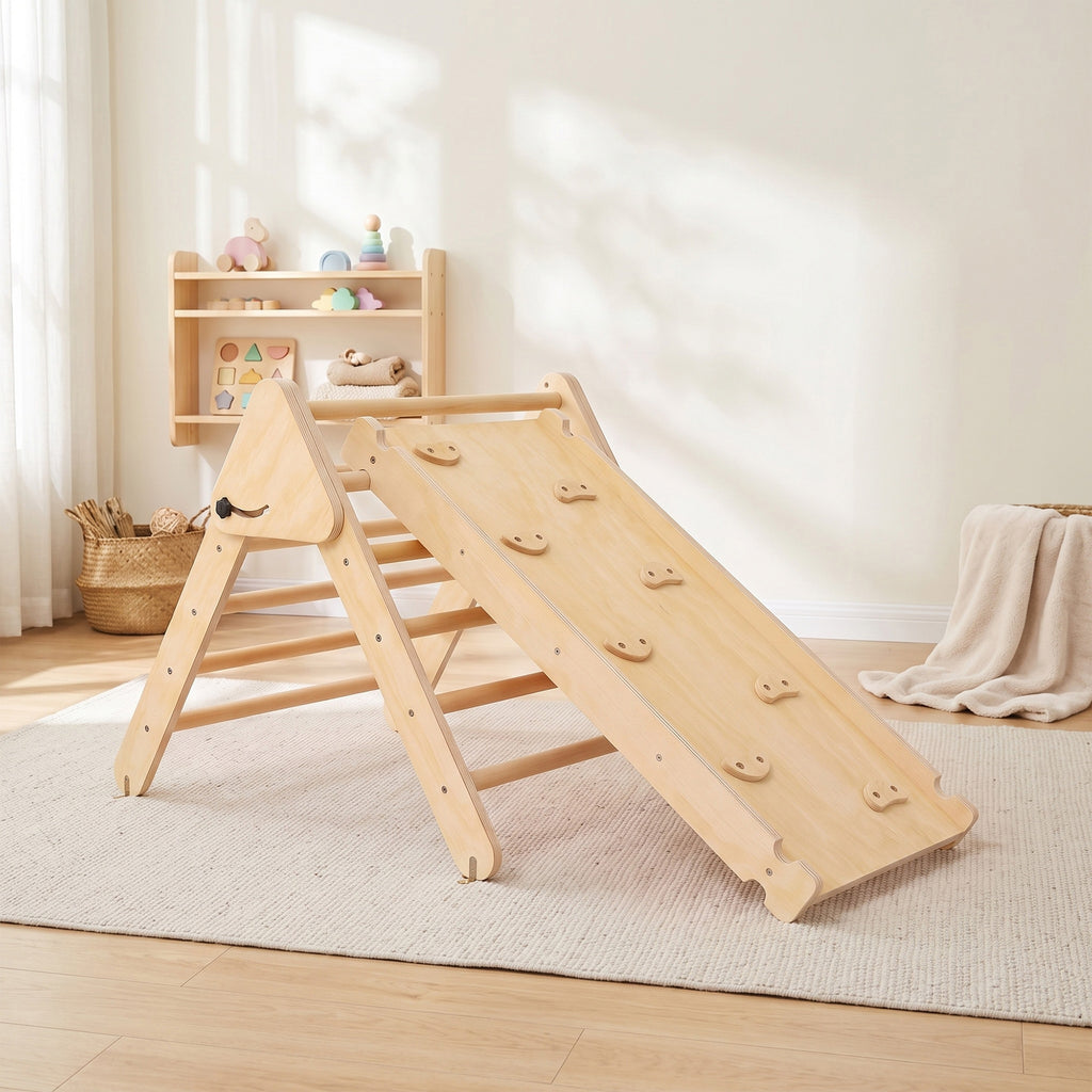 Triangle d'escalade, 3 en 1 en bois pour grimper et glisser, charge max. 50 kg, pour 18-48 mois, bois naturel-1