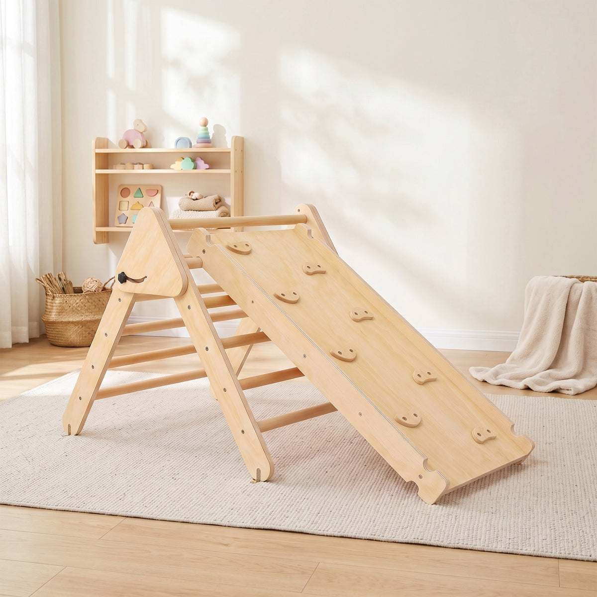Triangle d'escalade, 3 en 1 en bois pour grimper et glisser, charge max. 50 kg, pour 18-48 mois, bois naturel-1