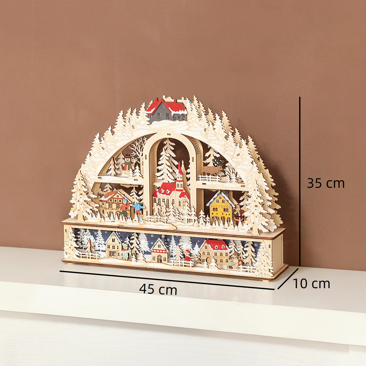 Village de Noël lumineux avec 20 LED, village de Noël animé en arc, fonctionne sur piles, 45 x 10 x 35 cm, bois naturel-2
