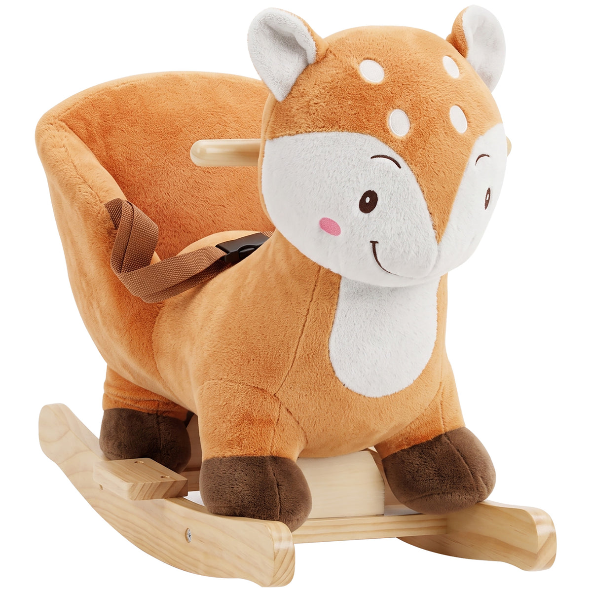 Cheval à bascule cerf en peluche avec sons d'animaux, ceinture de sécurité et butées anti-basculement, marron-0