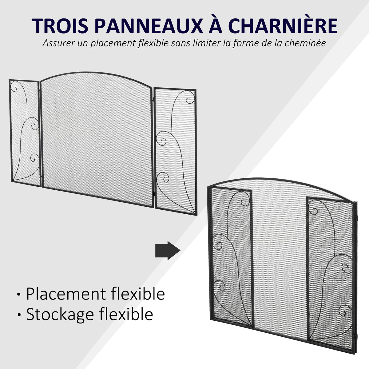 Pare-feu pour cheminée ou poêle design élégant Pare-étincelles 3 Volets Pliables dim. 132,5L x 76,5H cm Acier métal Noir-4