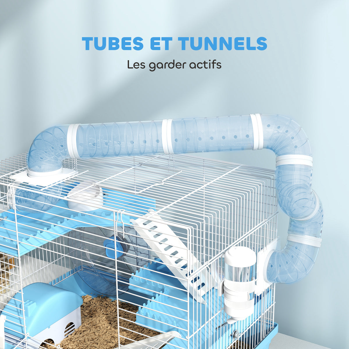 Cage pour hamster portable avec cabane, roue de course, gamelle, bouteille d'eau, 47,5 x 31,5 x 29,5 cm, bleu clair-5