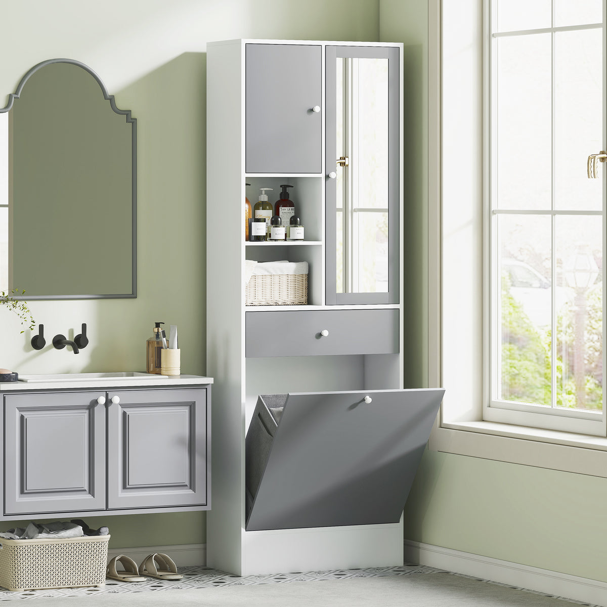 Meuble de salle de bain avec panier à linge et miroir étagère réglable 62 x 28,3 x 181 cm gris et blanc-1