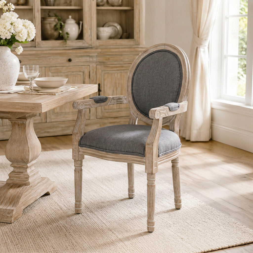 Chaise de Salle à Manger Chaise de Salon médaillon Style Louis XVI Bois Massif patiné sculpté Tissu Lin Gris-9