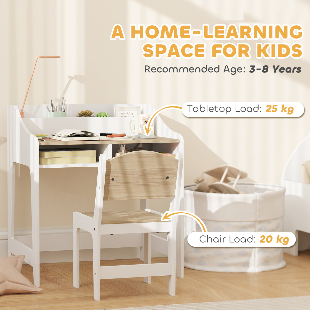 Ensemble bureau et chaise pour enfant 3 à 8 ans avec compartiments et étagères ouverts, effet bois naturel-7
