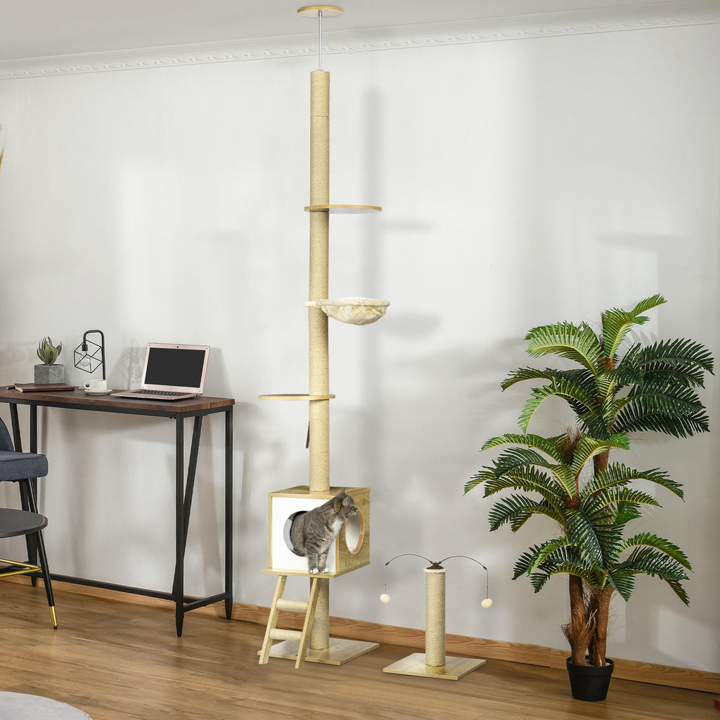 Arbre à chat sol au plafond hauteur réglable 225-285 cm avec poteau à gratter 4 niveaux niche hamac échelle jeux beige-9