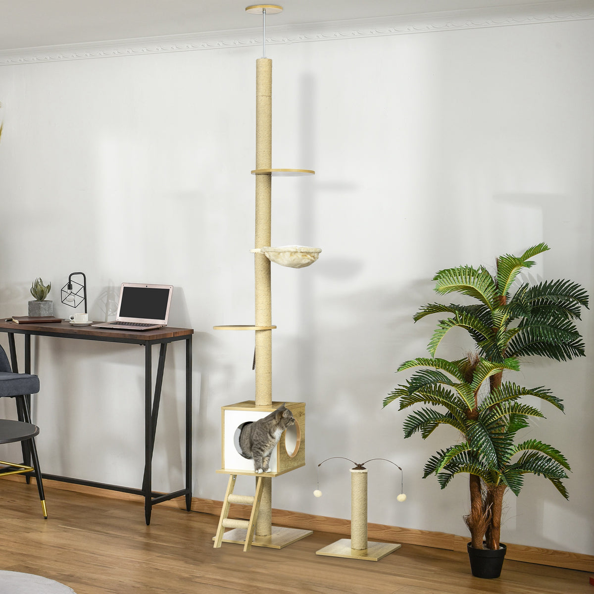 Arbre à chat sol au plafond hauteur réglable 225-285 cm avec poteau à gratter 4 niveaux niche hamac échelle jeux beige-9
