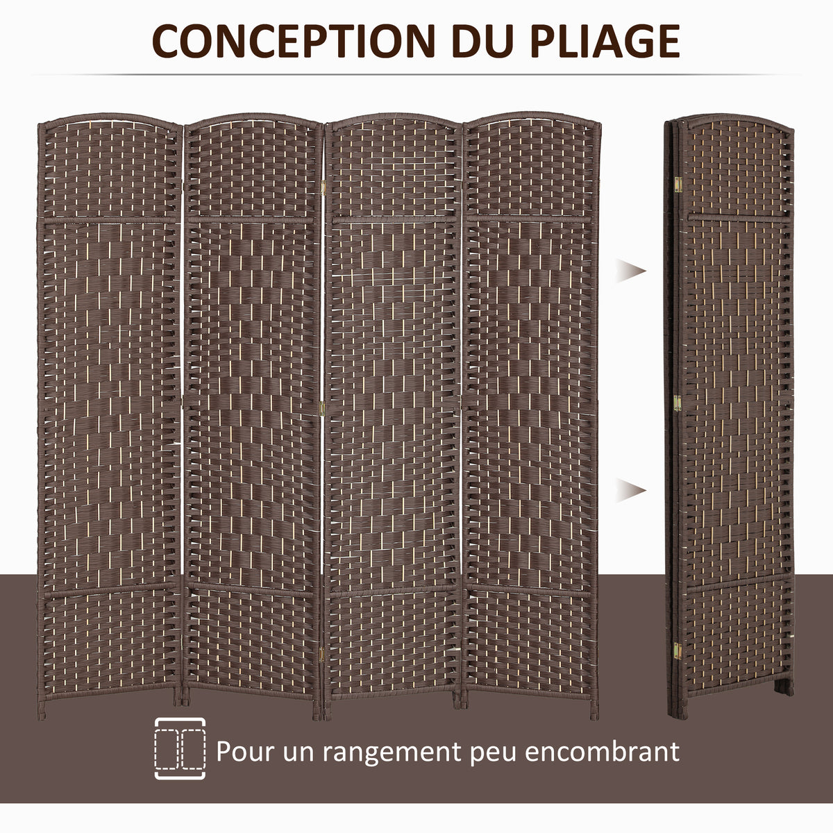 Paravent intérieur en bois 4 panneaux séparateur de pièce pliable pour salon chambre 180 x 180 cm marron-3