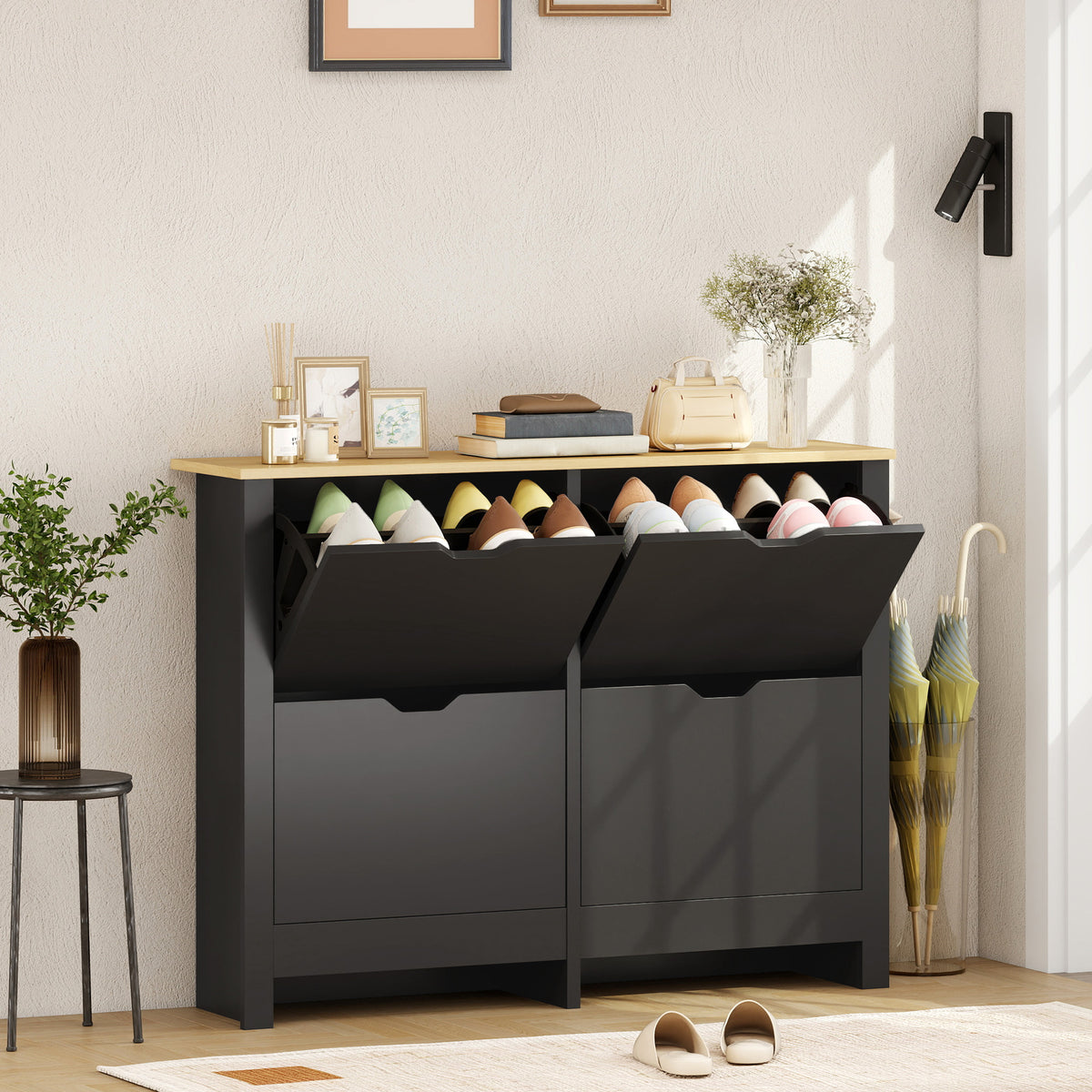 Meuble à chaussures 16 paires, armoire à chaussures avec 4 tiroirs rabattables étagères réglables, noir et bois naturel-9