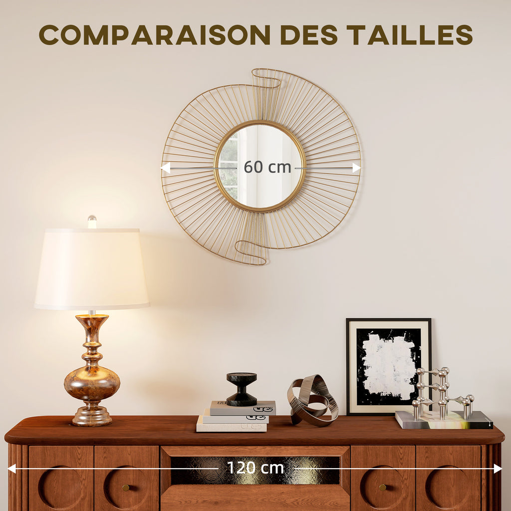 Miroir décoratif rond 60 cm avec fixation à 360°, décoration murale en métal moderne avec détails plissés, doré-6