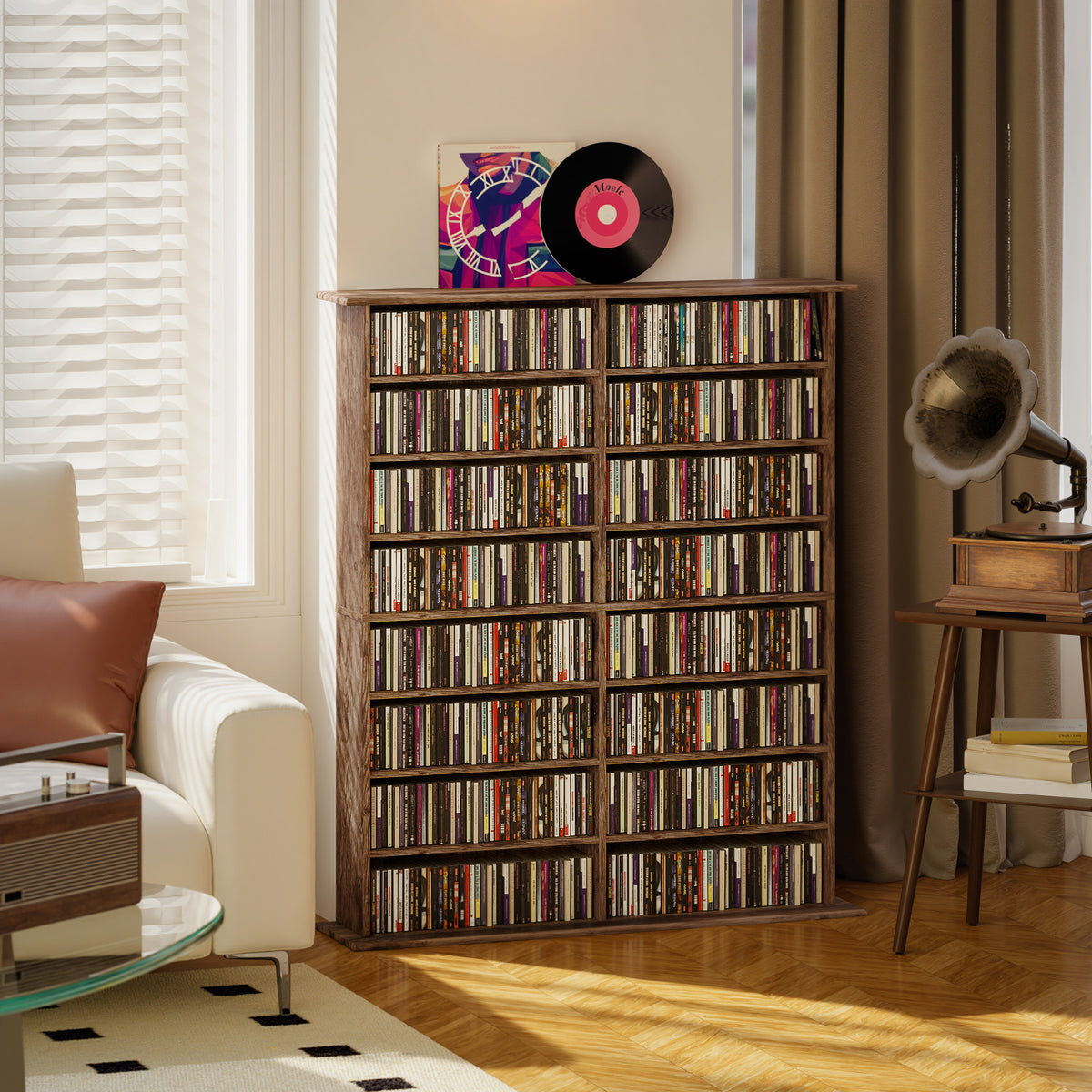 Rangements pour CD et DVD avec 16 compartiments et 12 étagères réglables capacité max. 720 CD/396 DVD et Blu-ray marron-1