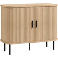 Buffet meuble de rangement avec portes coulissantes à lattes, armoire de cuisine avec pieds en acier, ton chêne-0