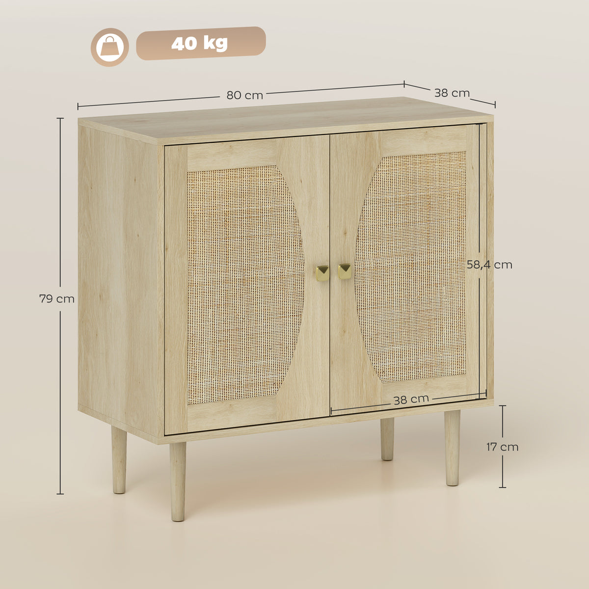Buffet de cuisine meuble de rangement double portes avec 2 niveaux, façade en cannage 80 x 38 x 79 cm effet bois naturel-2