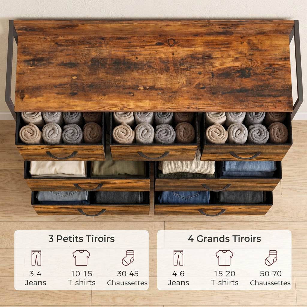 Commode 7 Tiroirs en Tissu Pliables, Commode Chambre Adulte avec Plateau Supérieur et Cadre en Acier, Brun Rustique-3