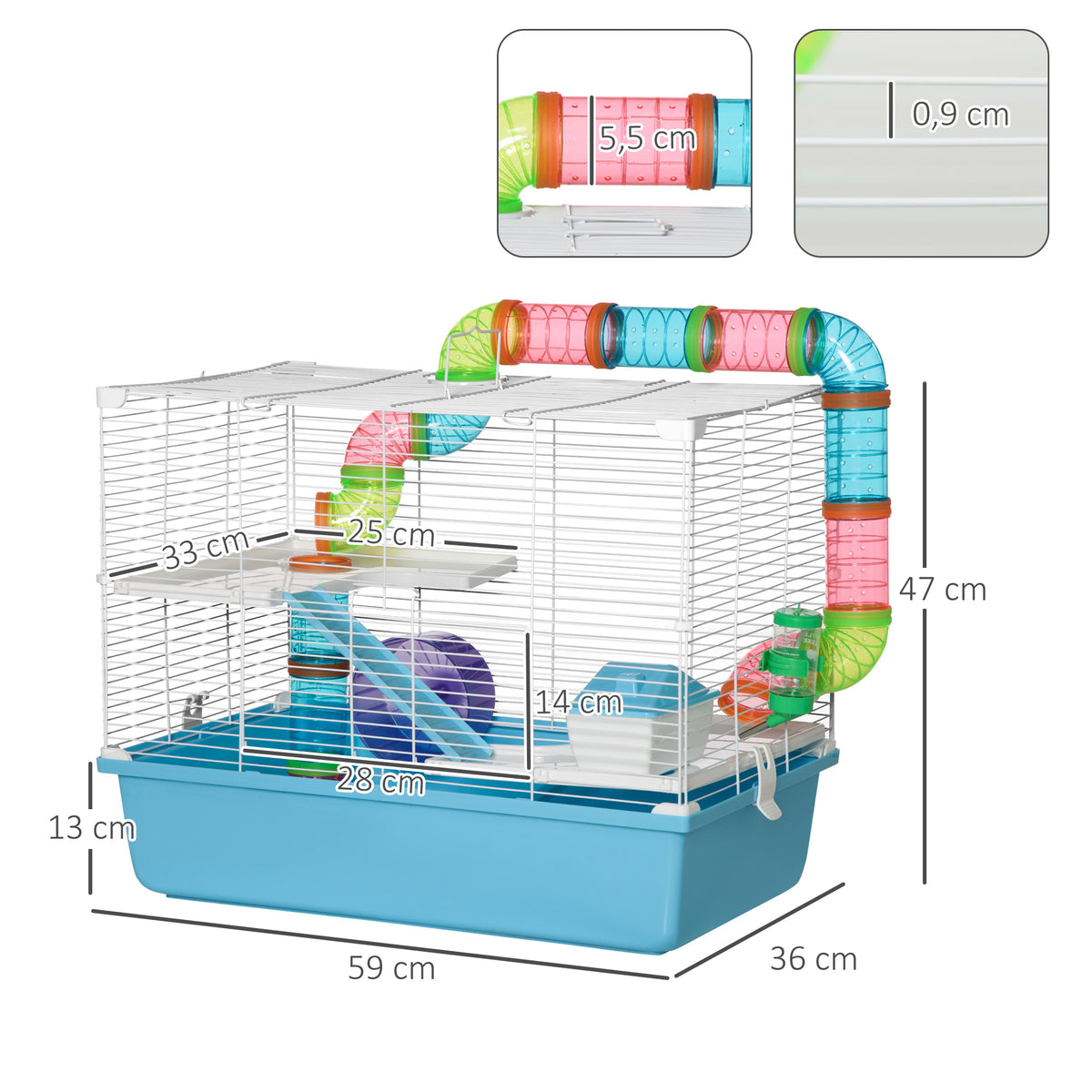 Cage à hamster rat rongeur 3 niveaux avec tunnel, biberon eau, roue, maisonnette, échelles dim. 59L x 36l x 47H cm-2