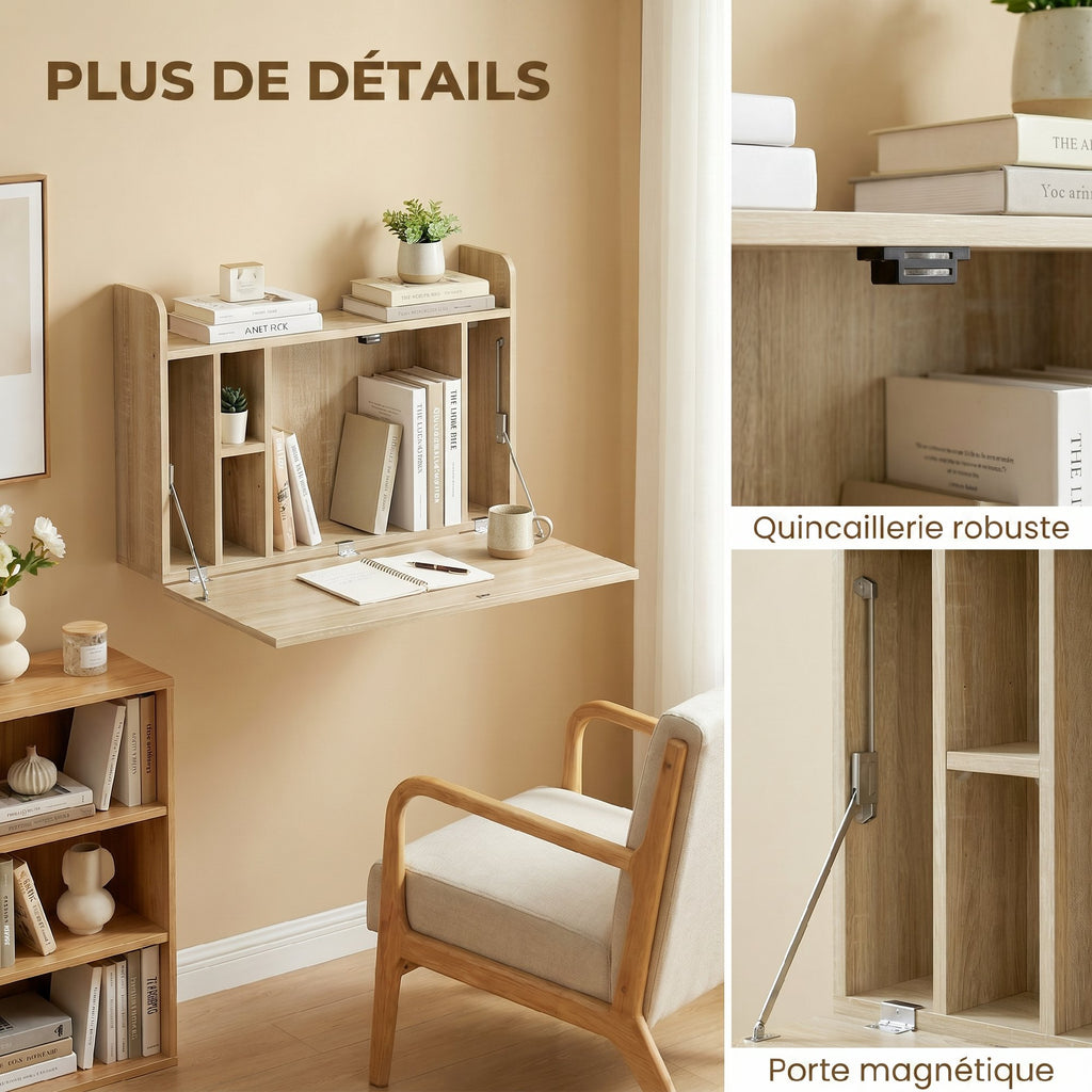 Bureau suspendu table murale table d'ordinateur murale et tablette rabattable avec rangements - 77 x 20 x 51 cm-5