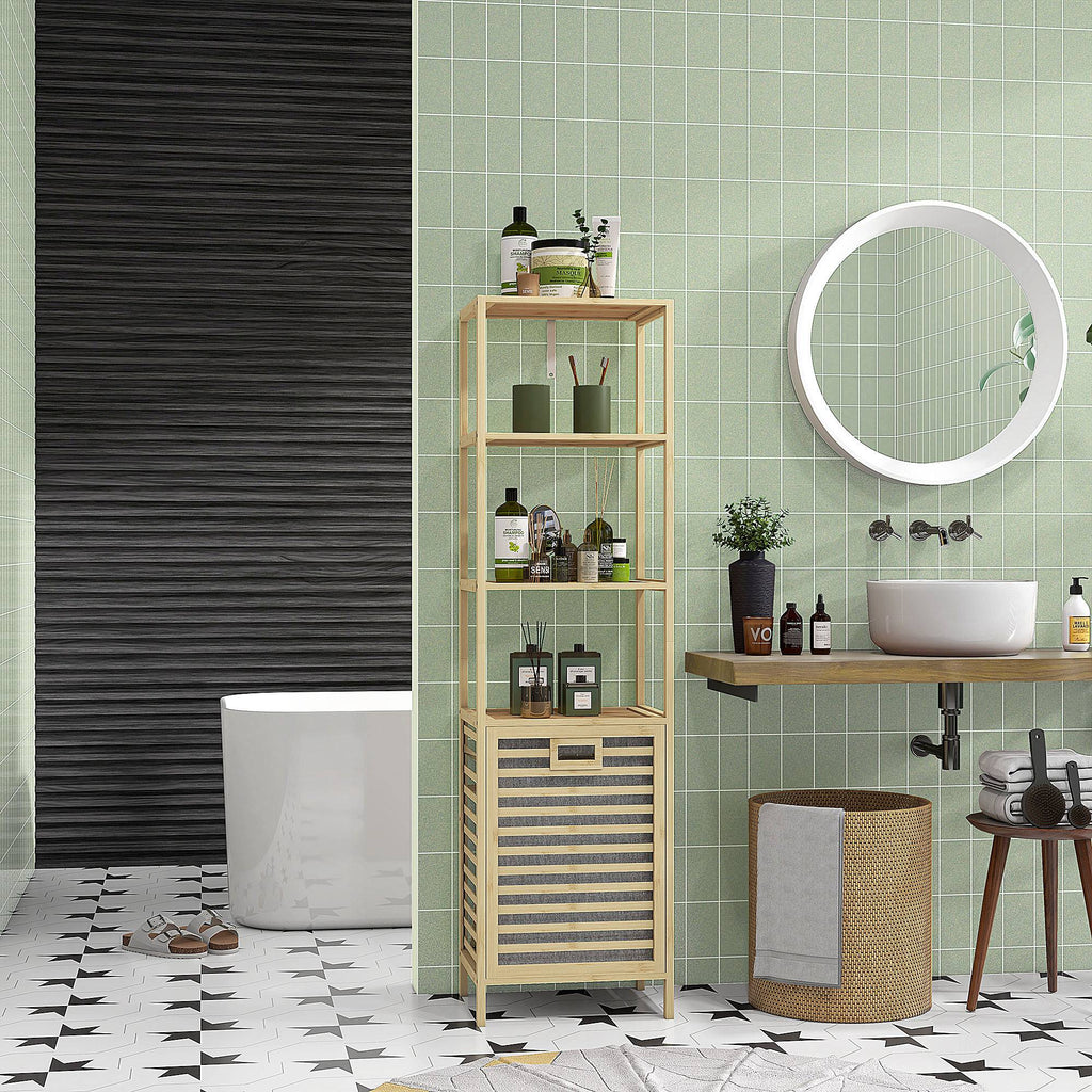 Etagère de rangement pour salle de bain en bambou avec 3 étagères et 1 panier à linge amovible 44L x 33l x 160H cm-9