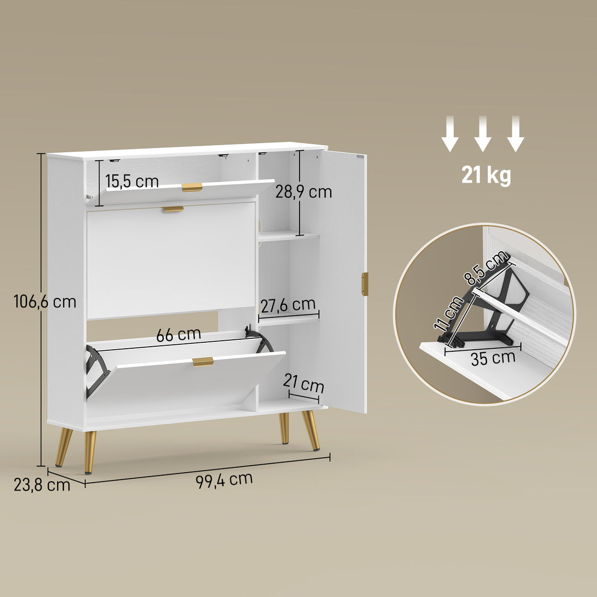 Meuble à chaussures 12 paires, armoire à chaussures, 2 tiroirs rabattables, 4 compartiments, 99,4x23,8x106,6cm, blanc-2
