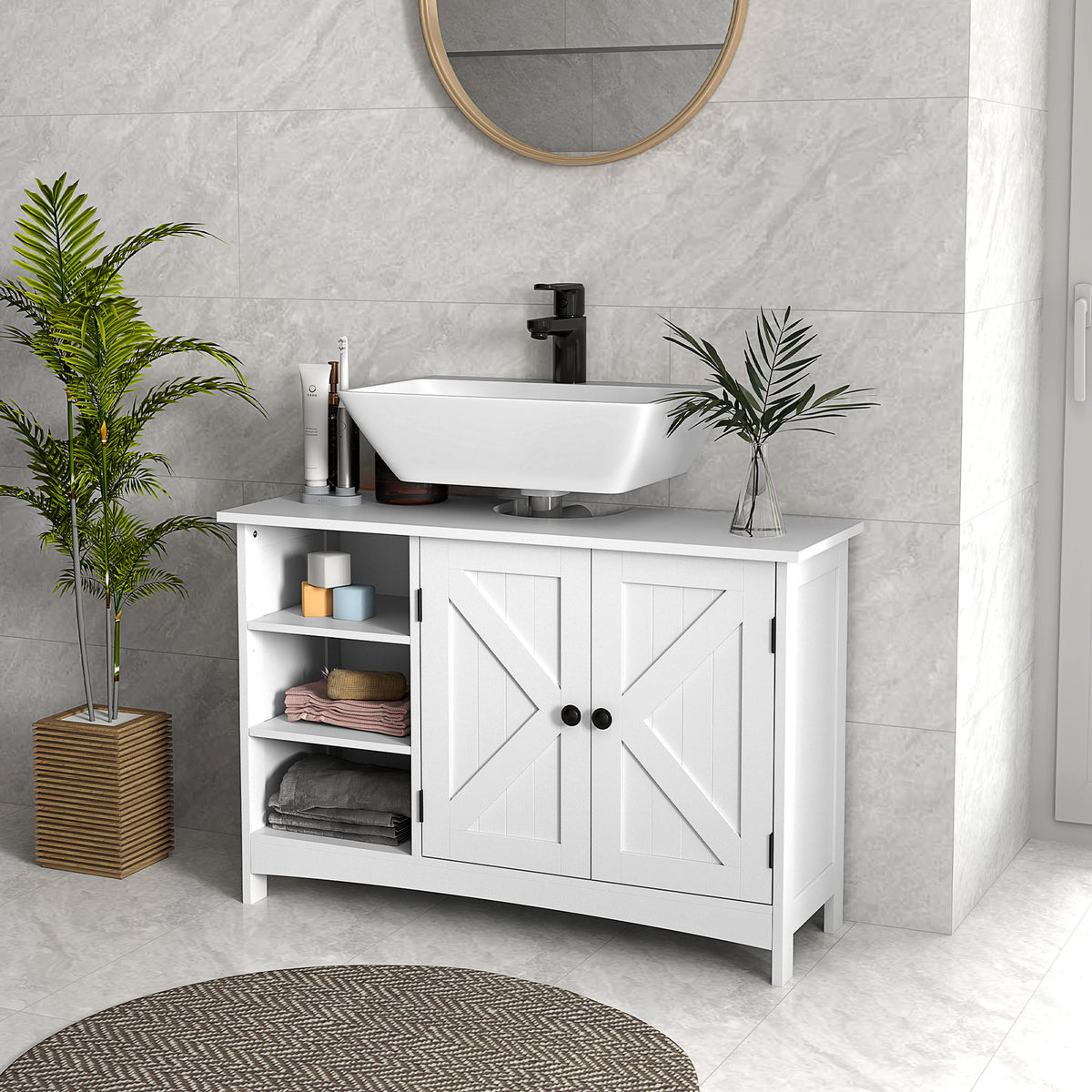 Meuble sous vasque lavabo salle de bain style classique placard 2 portes étagères réglables 90 x 30 x 60 cm blanc-9