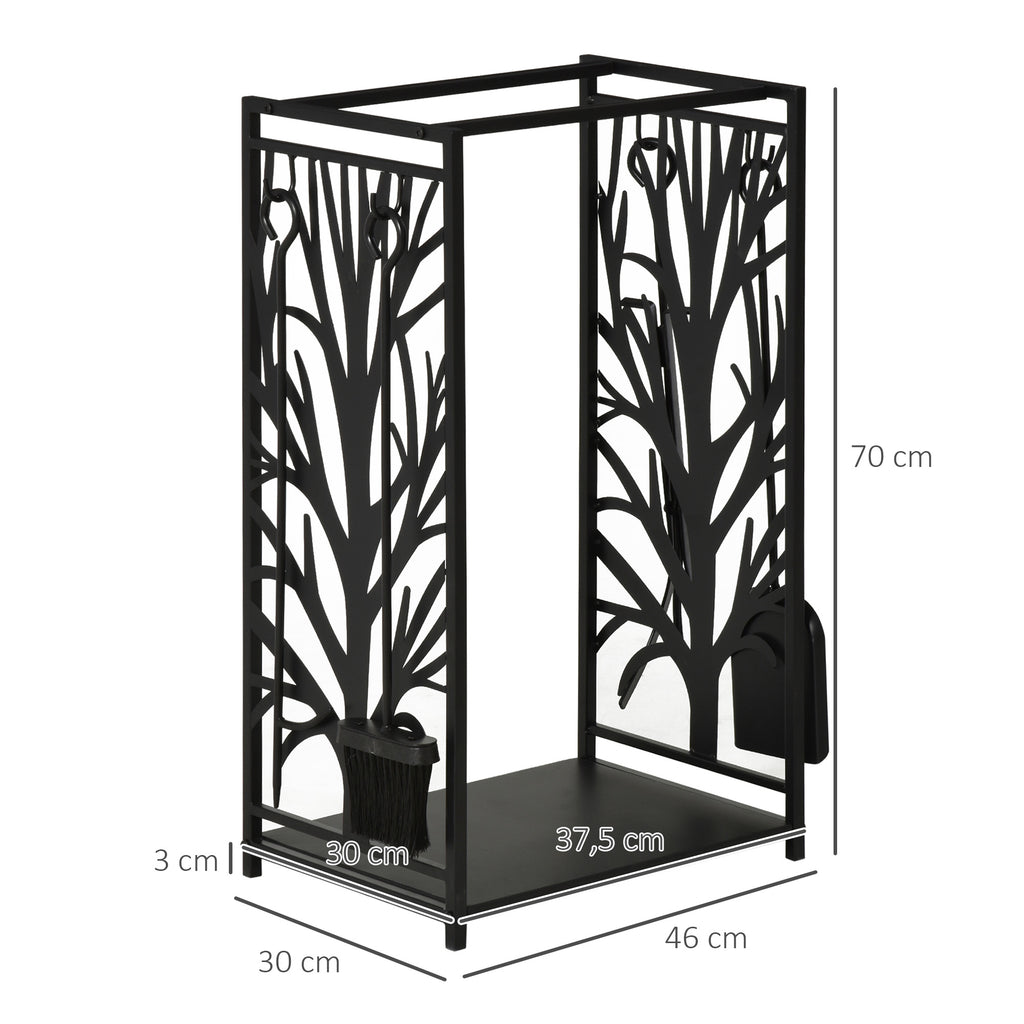 Porte bûches - Range bûches Serviteur de cheminée Arbre - Multi Accessoires étagère 46L x 29l x 70H cm Acier Noir-2