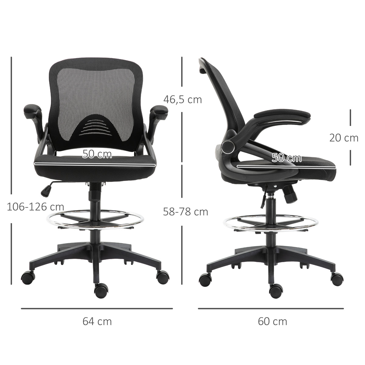Chaise bureau ergonomique, fauteuil de bureau avec repose-pieds, chaise de dessin à dossier en maille, hauteur réglable, accoudoirs, assise rembourrée et pivotante 360°, noir-2