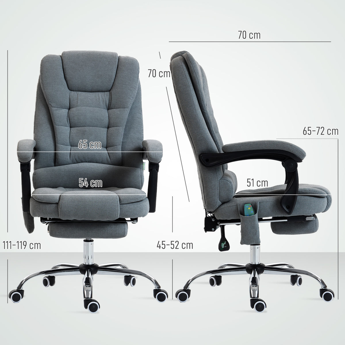 Fauteuil de bureau massant et chauffant, chaise de bureau, hauteur réglable, dossier inclinable, 65x70x111-119cm, gris-2