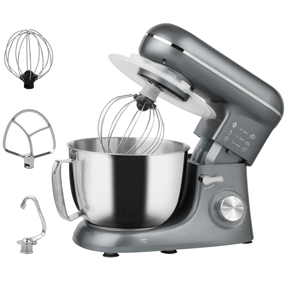 Robot pâtissier 1300 W, robot pétrin professionnel 4,5 L, bol d'acier inoxydable, 6+P vitesses et pulse, argent-0