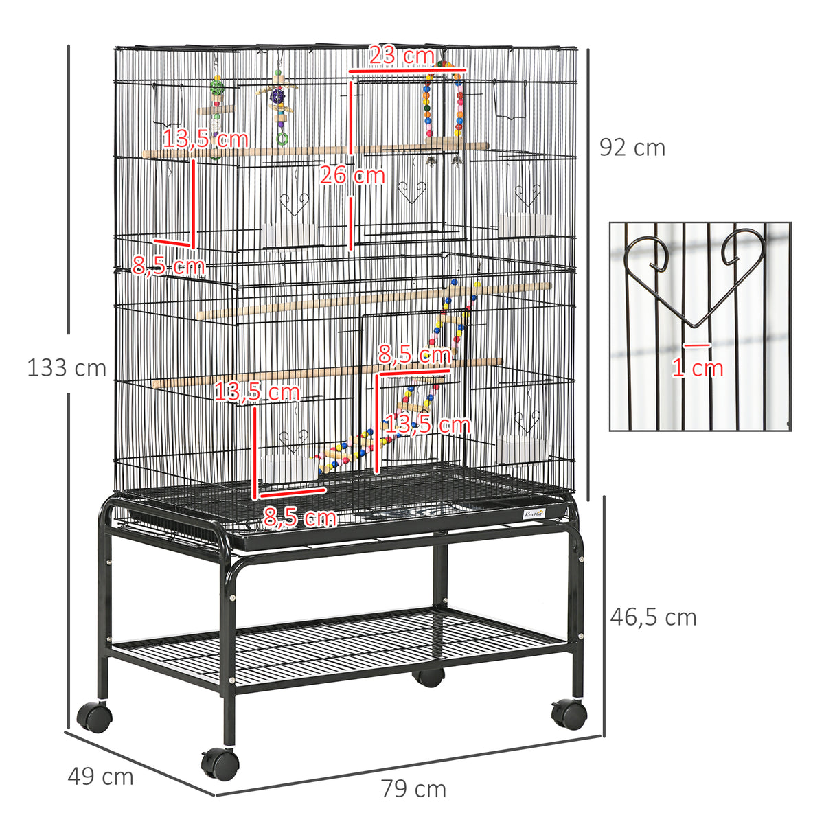 Cage à oiseaux sur pieds roulettes avec 4 mangeoires et 3 perchoirs 79 x 49 x 133 cm noir-2
