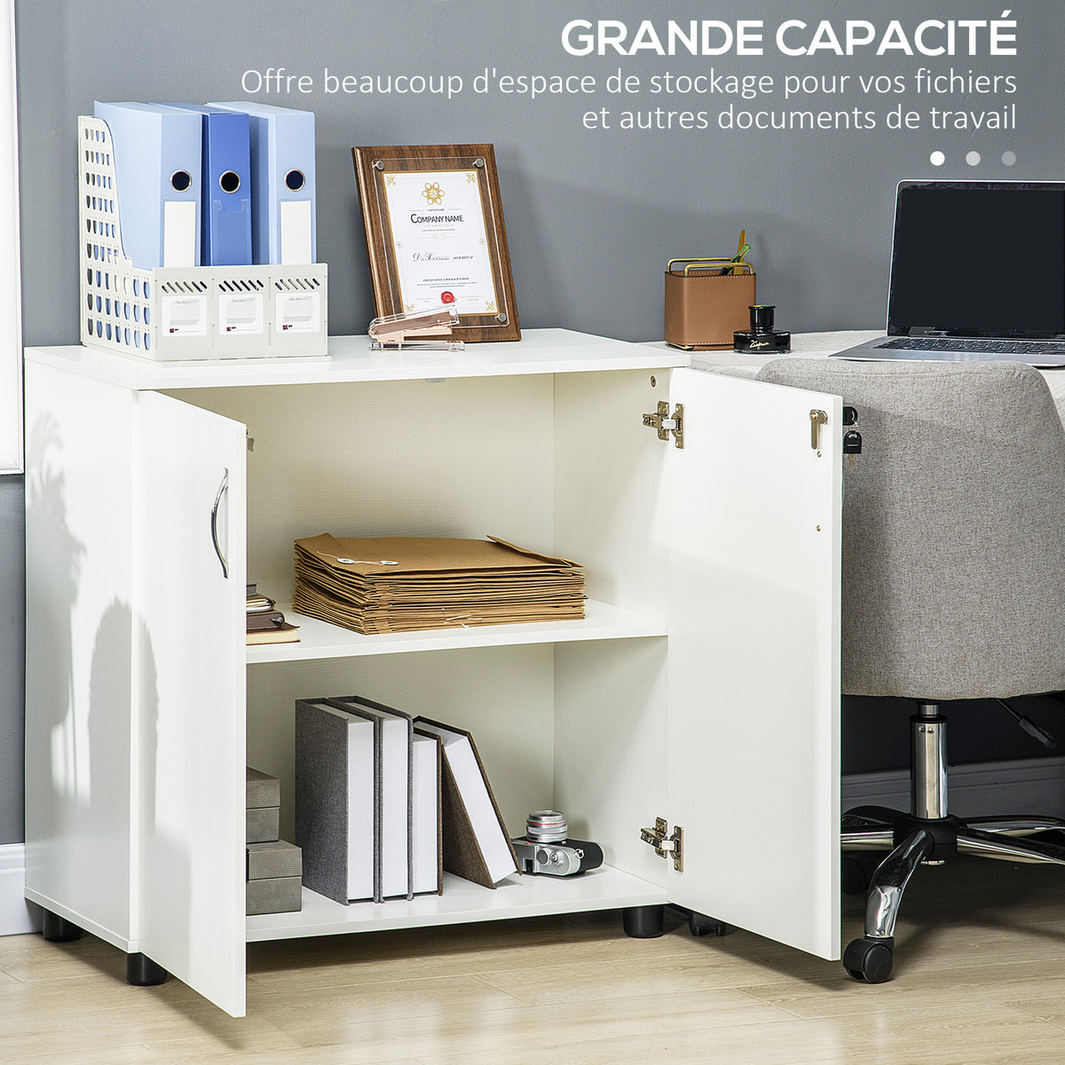 Armoire de bureau à 2 niveaux, meuble de rangement bureau avec 2 portes, serrures et clés, 80x40x80cm, blanc-3