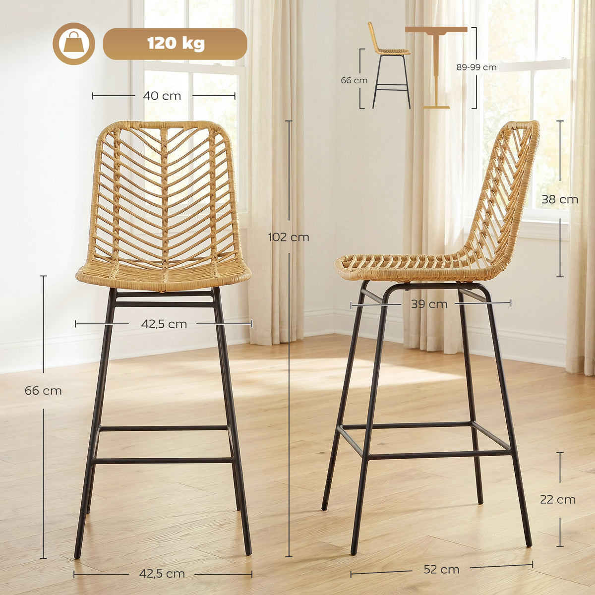 Lot de 2 tabourets de bar design bohème Hauteur 66 cm avec repose-pieds métal et rotin PE - naturel-2