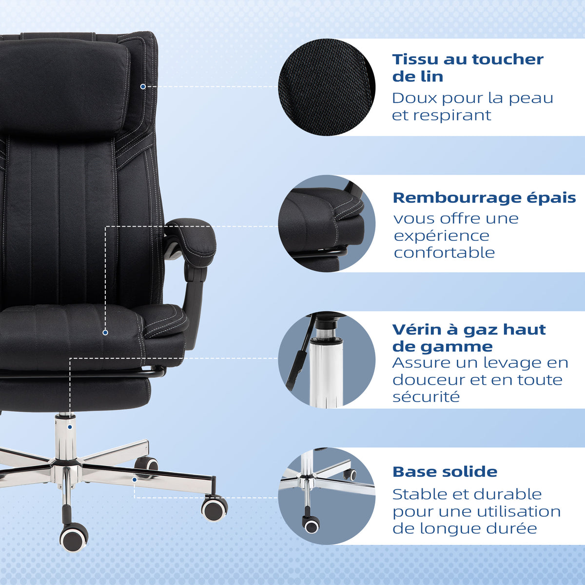 Chaise de bureau siège pivotant dossier inclinable hauteur réglable 65 x 61 x 105-113 cm noir-7