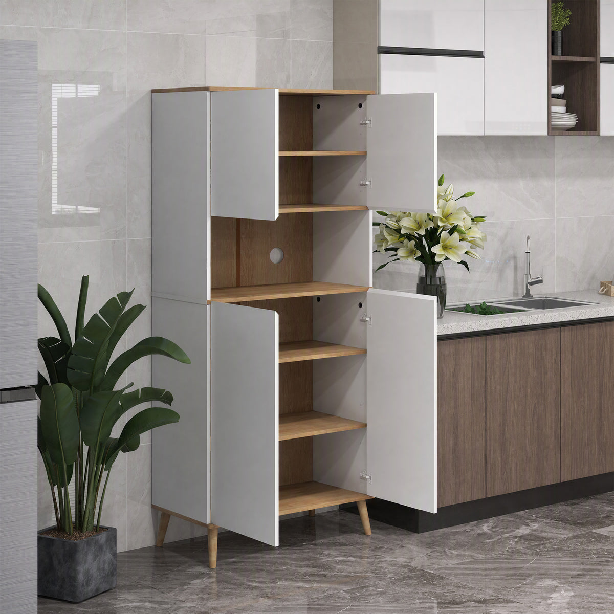 Buffet de cuisine armoire de rangement 2 placards avec porte étagères réglables niche centrale 2 passe-câbles blanc-1