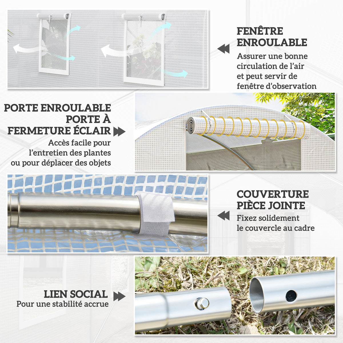 Serre de jardin tunnel 13,5 m² 6 fenêtres, porte zippée enroulable châssis acier galvanisé, bâche PE 4,5 x 3 x 2 m blanc-5