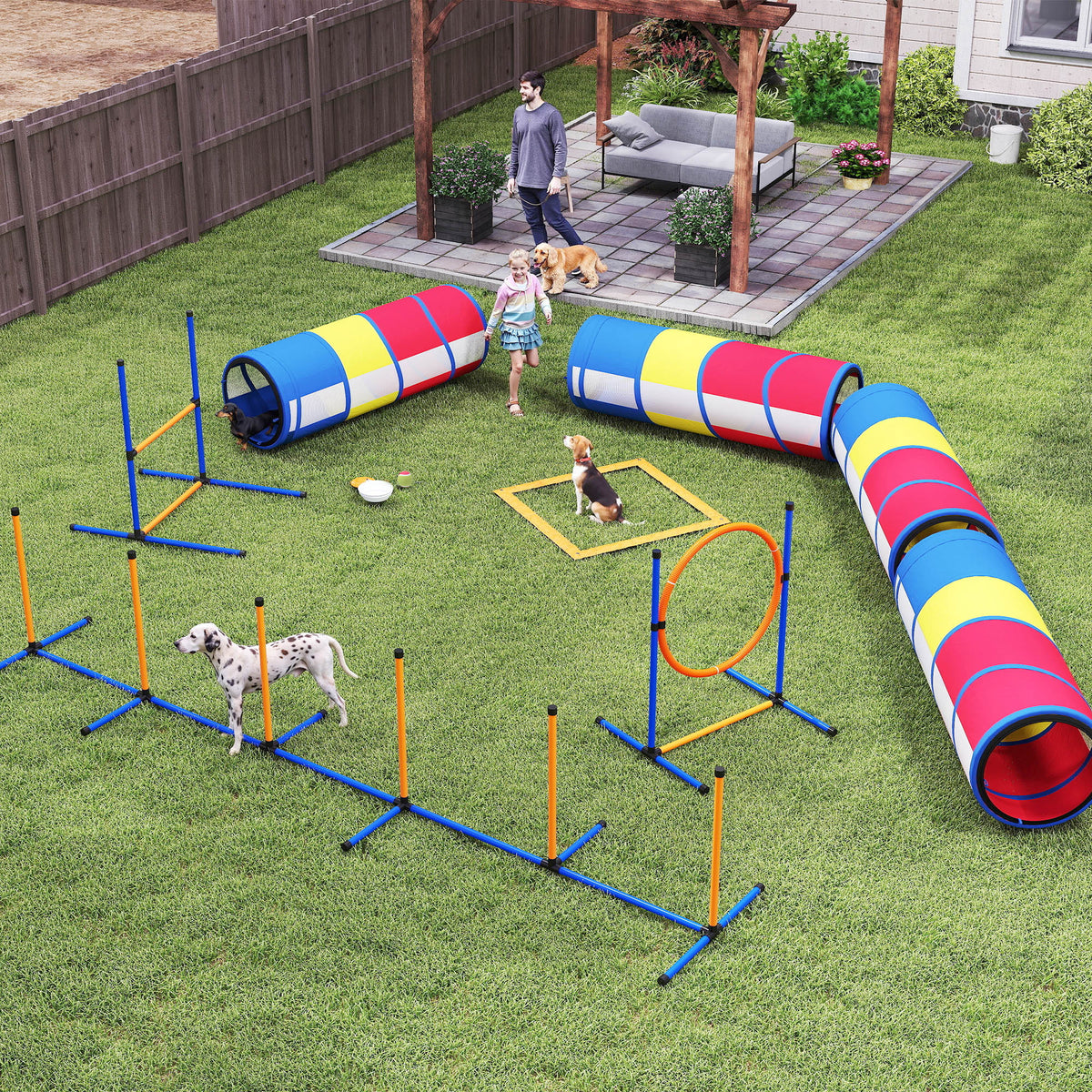 Équipement d'Agilité pour Chien 12 Pièces, 4 Tunnels, Sauts Ajustables, Anneau, Slaloms, 357x65x68cm, Multicolore-1