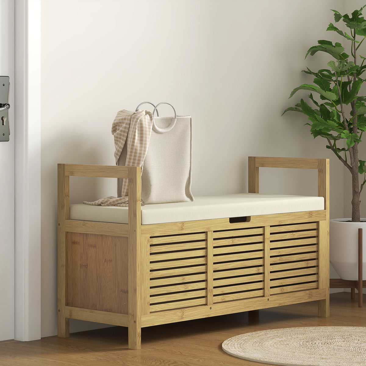 Banc de rangement avec compartiment caché sous assise pour entrée coussin et accoudoir 100 x 40 x 60 cm naturel-6