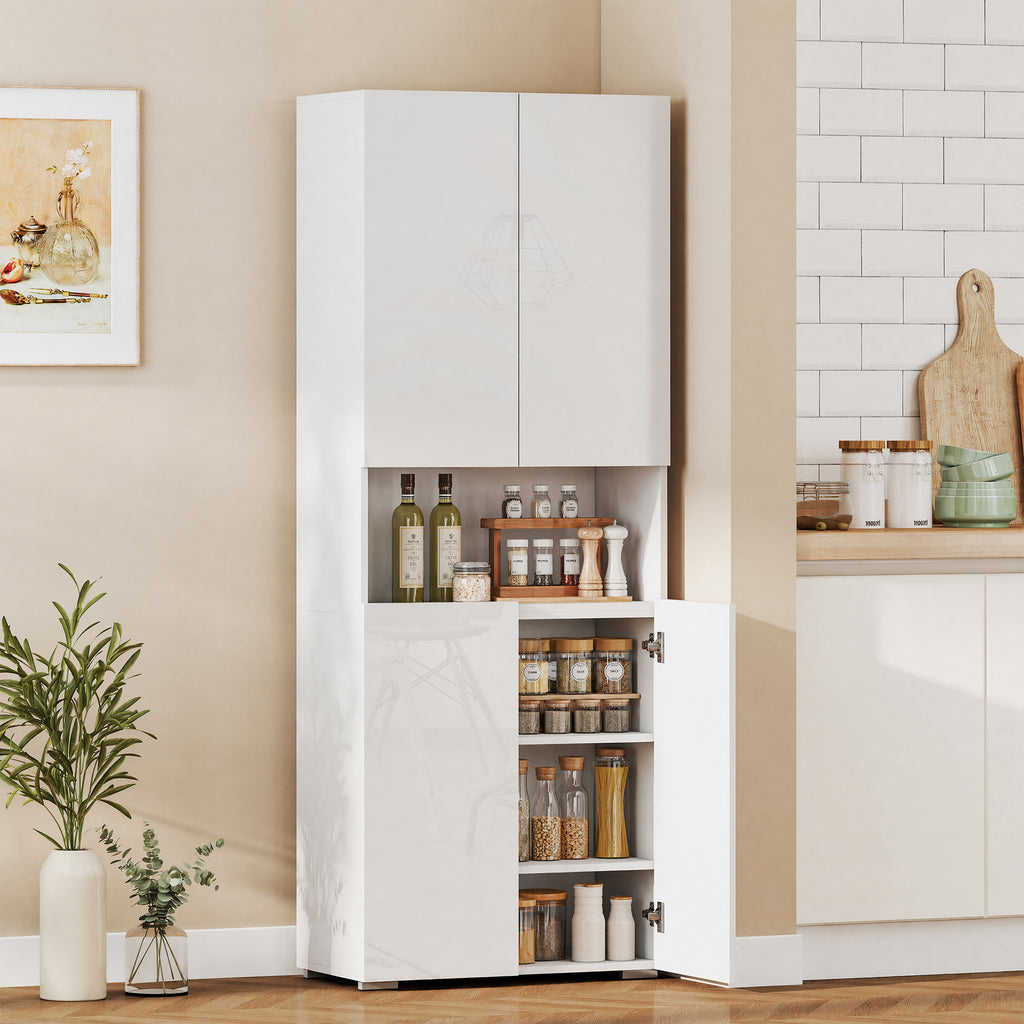 Buffet haut cuisine, armoire de cuisine, 4 portes à fermeture douce et étagères réglables, 68x34x180cm, blanc brillant-9