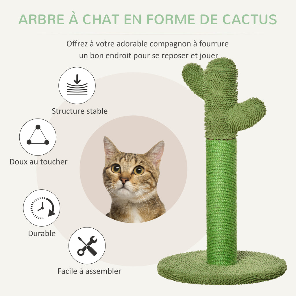 Griffoir pour chat d'intérieur en forme de cactus, arbre à chat en sisal résistant avec base, 40 x 40 x 65 cm, vert-3