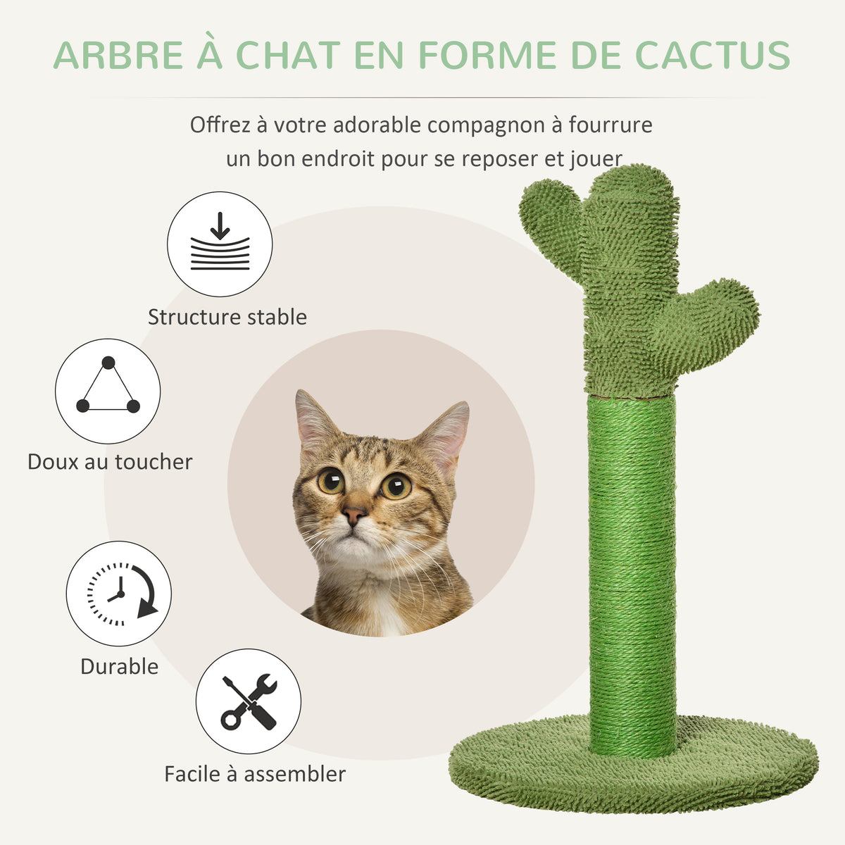 Griffoir pour chat d'intérieur en forme de cactus, arbre à chat en sisal résistant avec base, 40 x 40 x 65 cm, vert-3