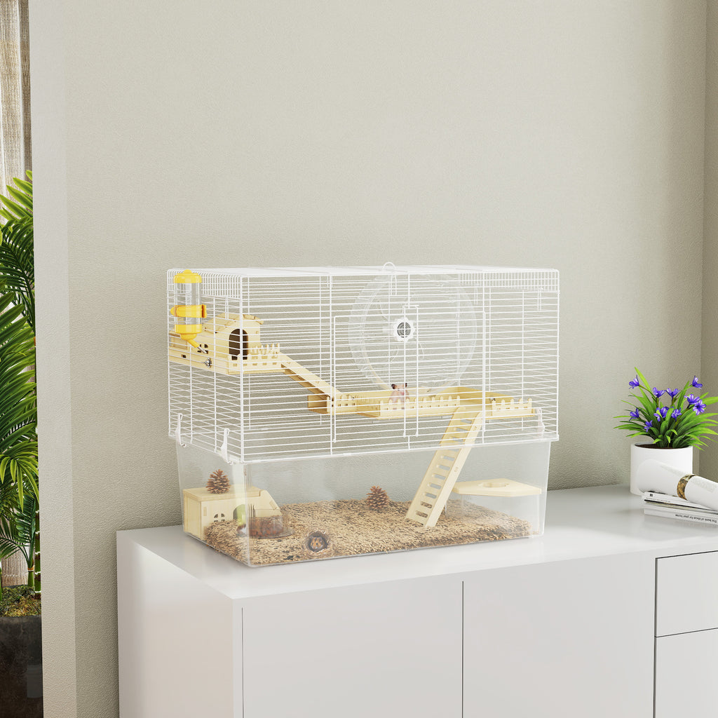 Cage à hamster à 3 niveaux, cage rongeur avec roue d'exercice, plateau profond transparent, 59 x 35,5 x 47 cm, blanc-9