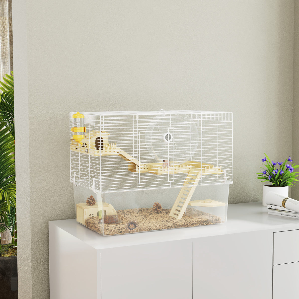Cage à hamster à 3 niveaux, cage rongeur avec roue d'exercice, plateau profond transparent, 59 x 35,5 x 47 cm, blanc-9