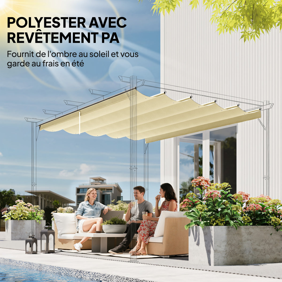 Toile de toit pour pergola tonnelle rétractable de 4 x 3 m - toile uniquement 350 x 260 cm crème-4