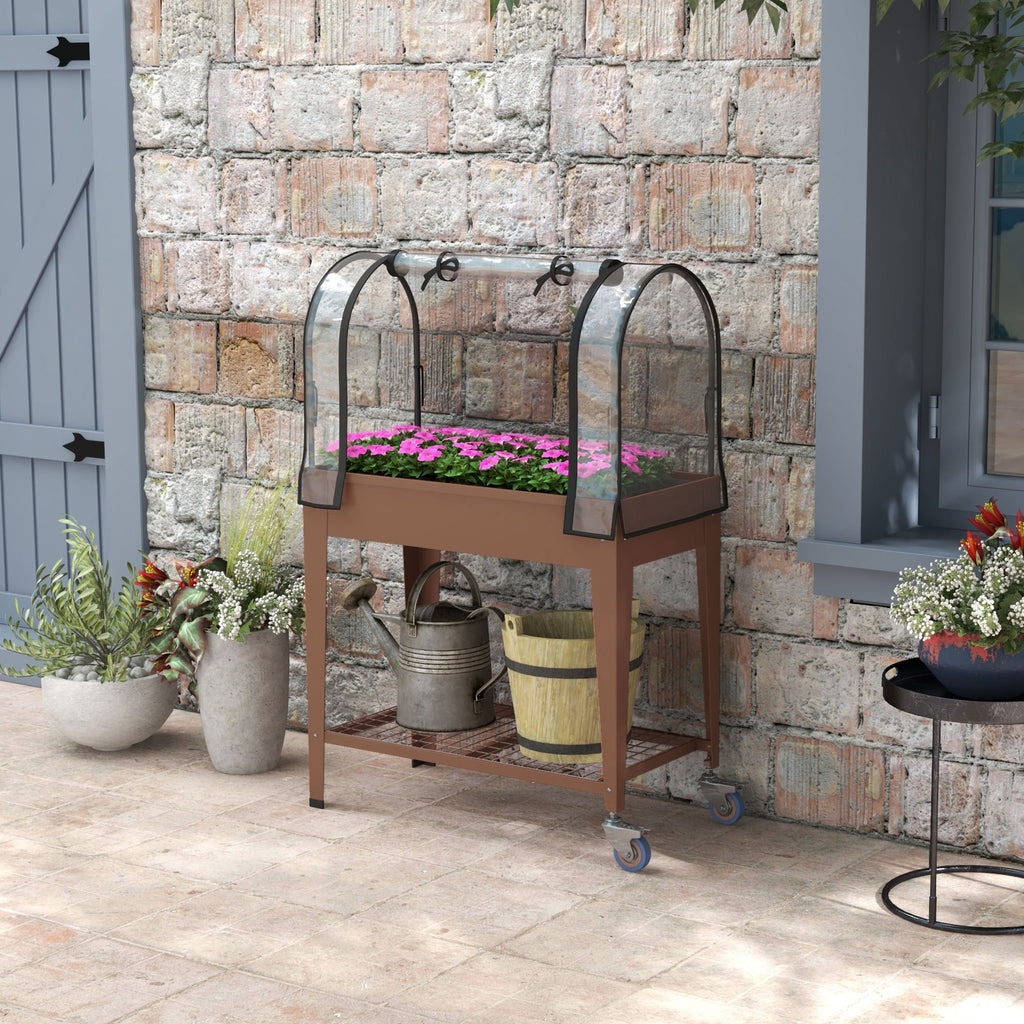 Jardinière surélevée avec bâche transparente, 2 roulettes et 1 étagère inférieure, dim. 80L x 40l x 120H cm-9
