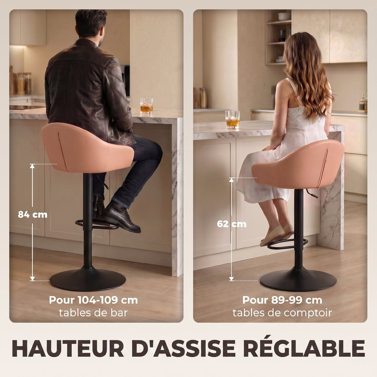 Lot de 2 Tabourets de Bar, Hauteur Réglable, Pivotant 360°, Dossier, Accoudoirs, Repose-Pieds, 49,5x48,5x108cm, Marron-5