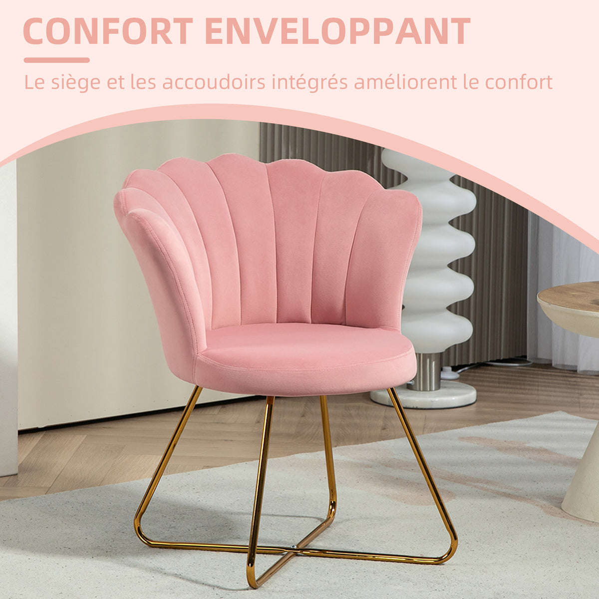 Fauteuil coquillage chaise coiffeuse fauteuil en velours fauteuil de salon avec pieds en acier 69 x 64 x 80 cm rose-3