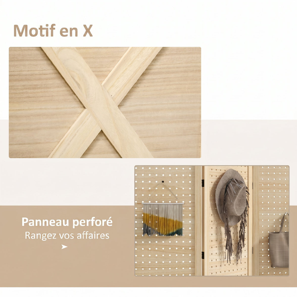 Paravent intérieur en bois 3 panneaux séparateur de pièce pliable panneau perforé 114 x 1,7 x 144,5 cm bois naturel-3