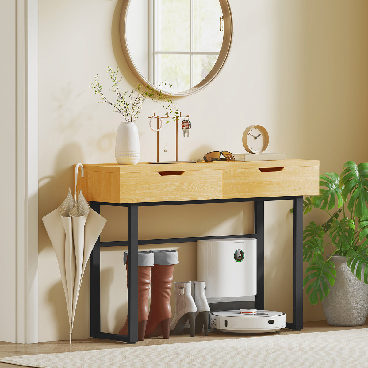Console meuble 110 cm, table console étroite avec 2 tiroirs, cadre en métal et design sans poignées, bois naturel-9