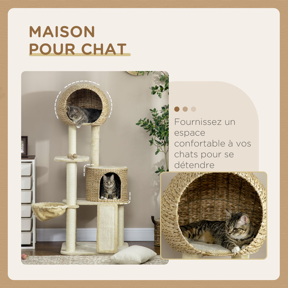 Arbre à chats griffoir sisal naturel 2 niches plateforme hamac peluche jacinthe d'eau - 60 x 60 x 150 cm beige-3