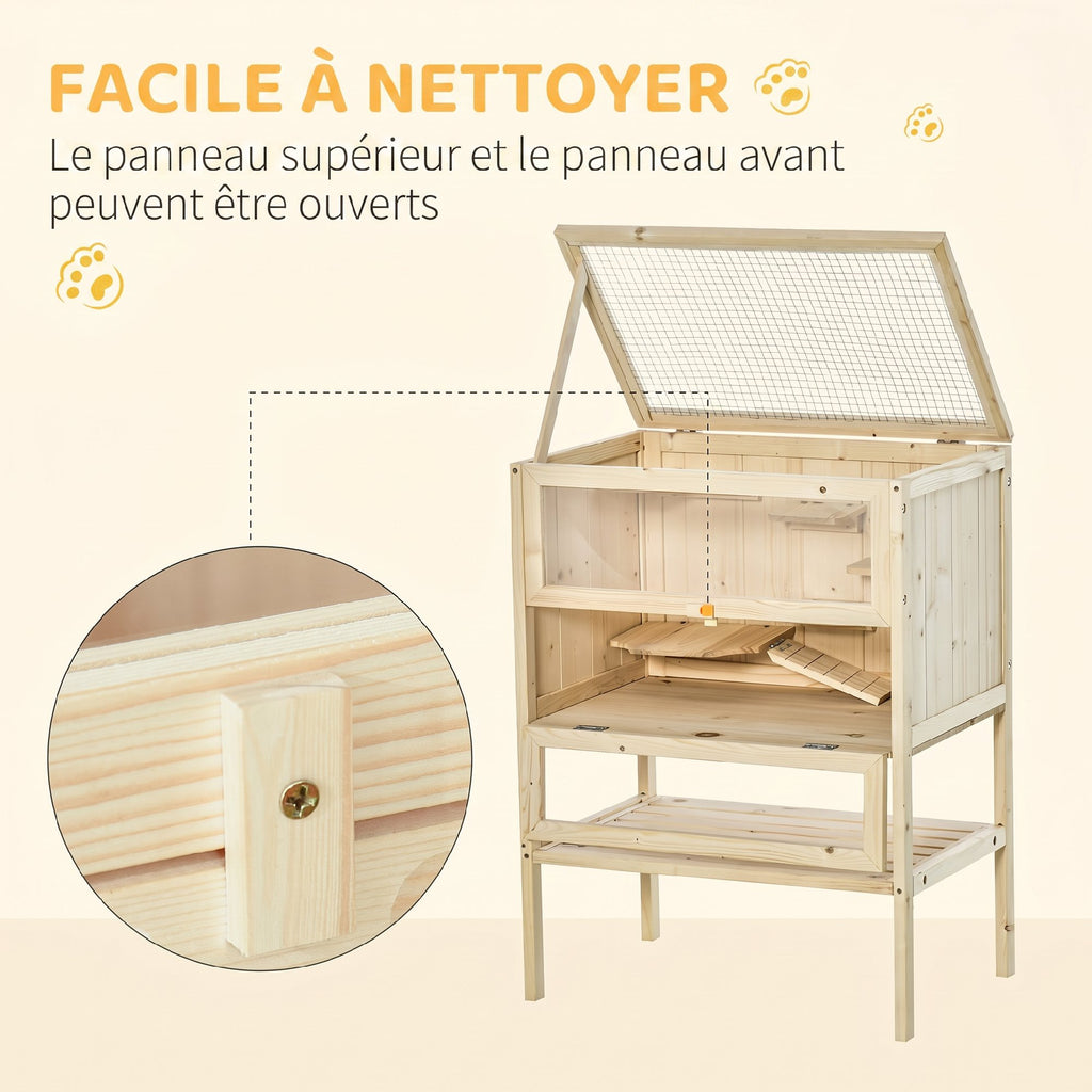 Cage Hamster en Bois à 3 Niveaux avec Plateformes, Échelles, Étagère, Fenêtre, Toit Ouvrable, 60x40x80cm, Naturel-4
