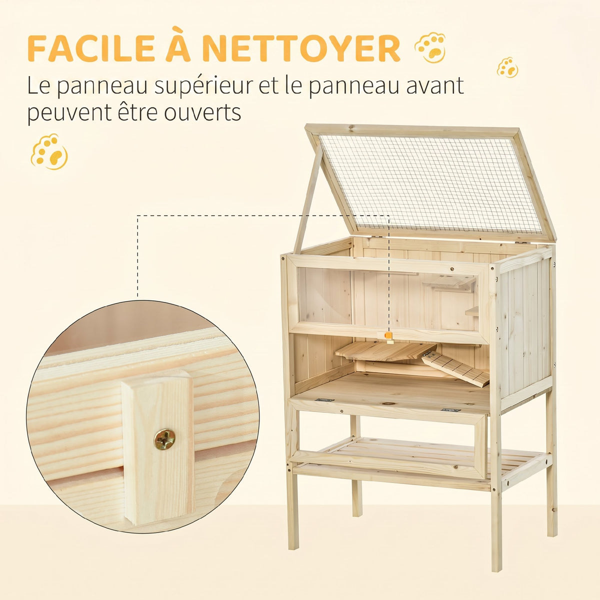Cage Hamster en Bois à 3 Niveaux avec Plateformes, Échelles, Étagère, Fenêtre, Toit Ouvrable, 60x40x80cm, Naturel-4